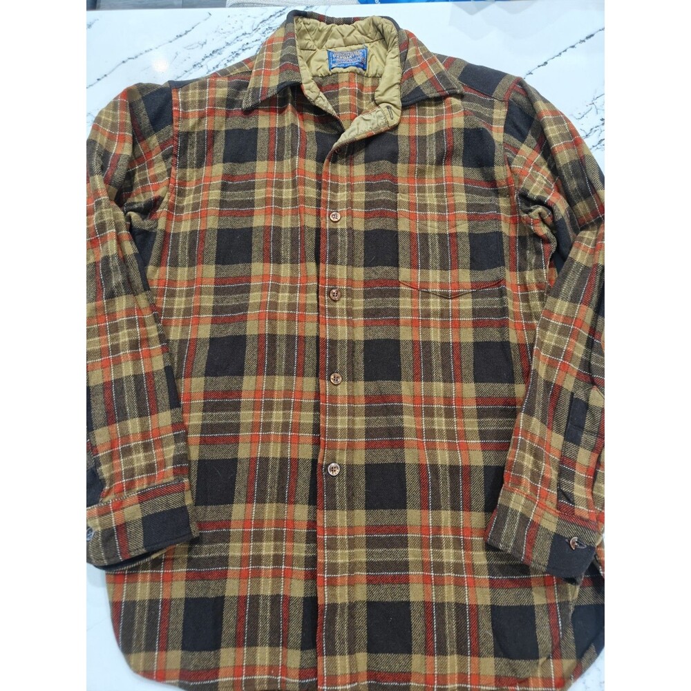 VTG Pendleton 100% Wool Button Flannel Shirt Men Medium Fall Orange Black Plaid